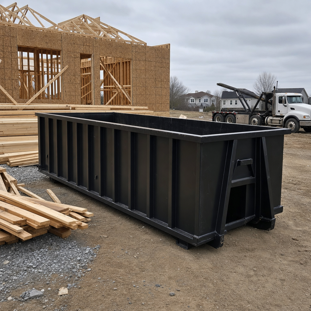 Matte-black 40-yard roll-off dumpster staged on a framed-out residential construction site in Thousand Oaks, framing lumber stacked nearby, hooklift delivery truck visible in the background under bright Colorado daylight