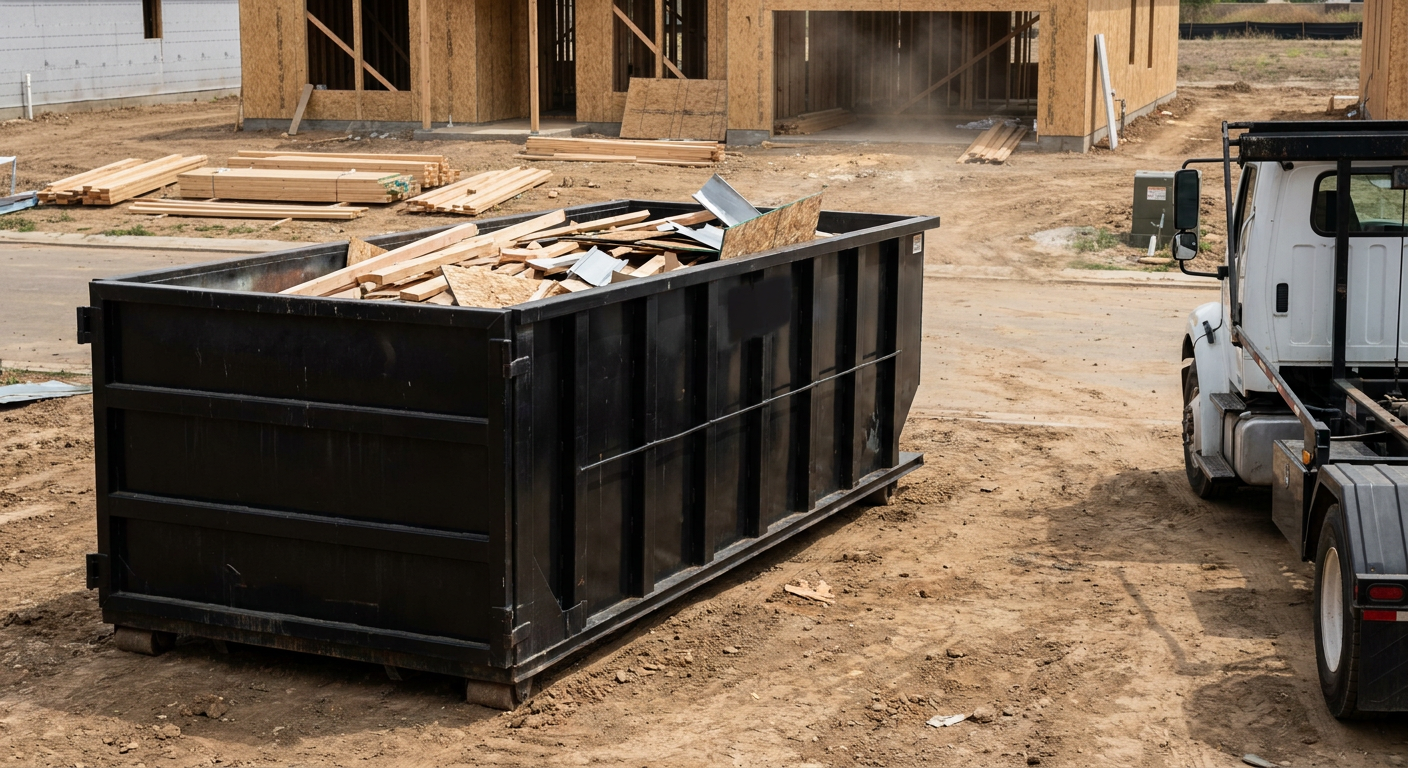 Matte-black 20-yard roll-off construction dumpster with heavy ribbed steel sidewalls and swing rear doors at a working jobsite in Thousand Oaks, sitting directly on compacted dirt with an unmarked white hauler partially visible at the far edge of the frame.