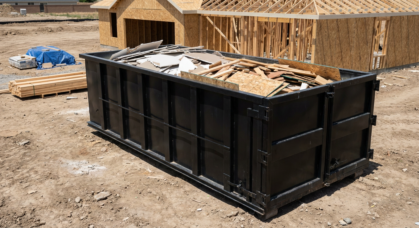 Matte-black 30-yard roll-off construction dumpster sitting directly on the compacted-dirt site of a framed single-family home build in Thousand Oaks, drywall and lumber scrap loaded inside.