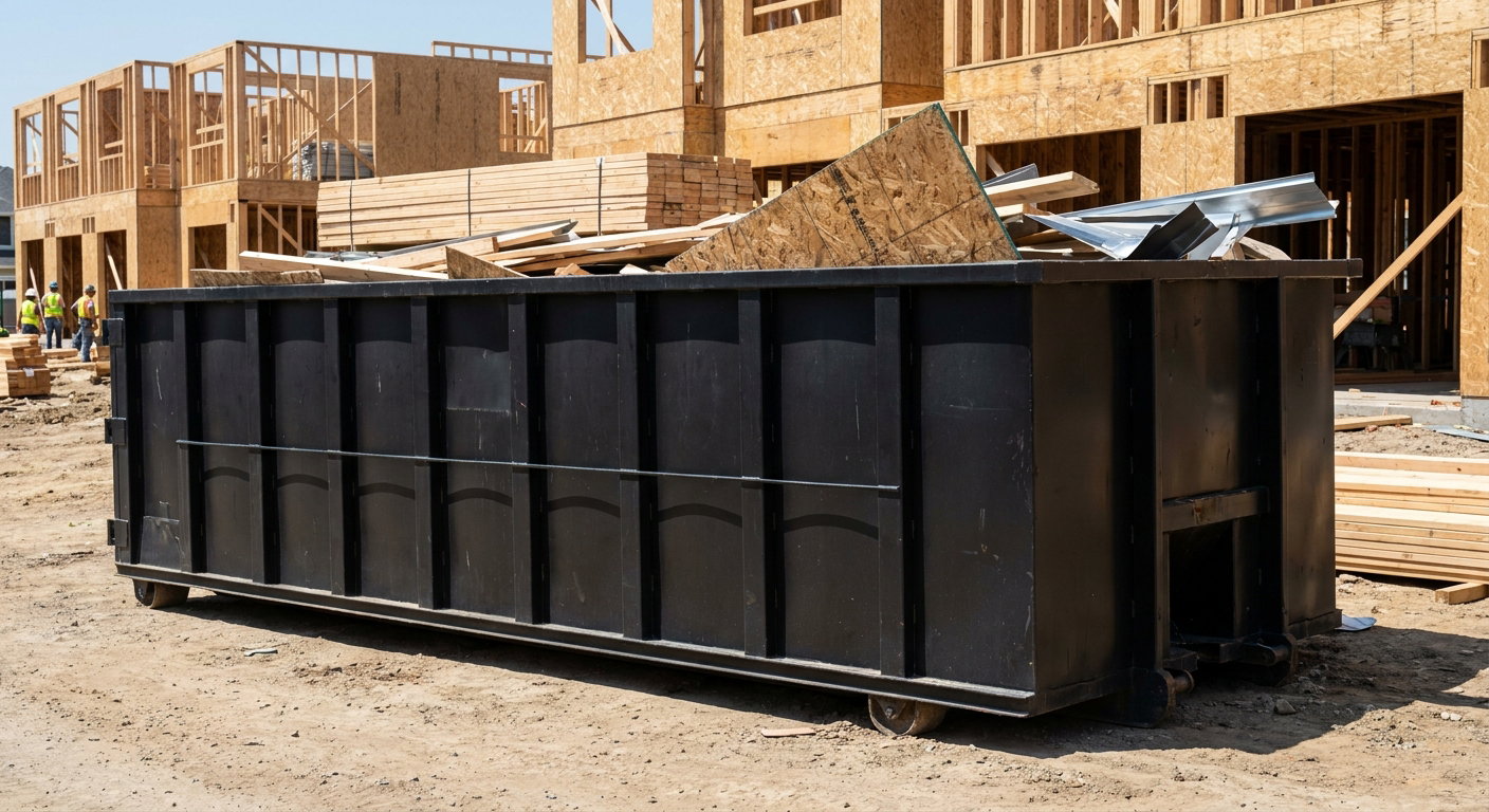 Matte-black 40-yard roll-off construction dumpster being lowered from a white-cab hooklift delivery truck onto the compacted-dirt jobsite at a commercial build site in Thousand Oaks