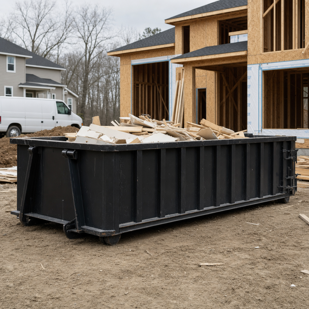 Worker in a yellow high-visibility vest tossing framing lumber and broken drywall into a matte-black 30-yard construction roll-off dumpster on an active build site in Thousand Oaks, bright daylight
