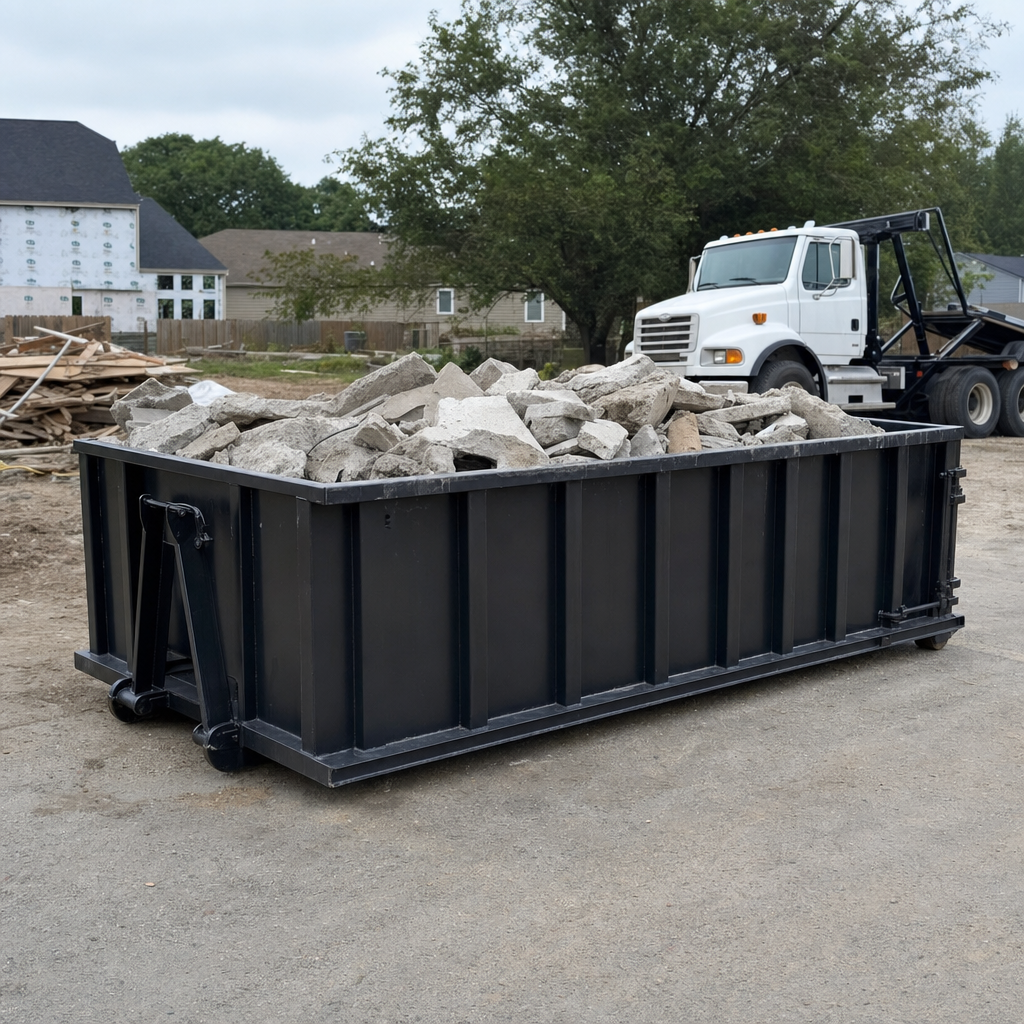 Low-profile matte-black lowboy roll-off dumpster loaded with broken concrete slab and rebar at a foundation tear-out in Thousand Oaks, skid steer parked beside it, sunny Colorado morning