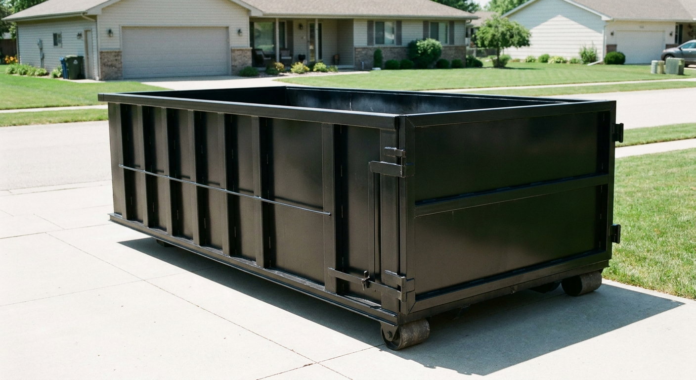 Matte-black 10-yard roll-off dumpster on a residential concrete driveway in Thousand Oaks, uniformly painted matte black across every panel and rail, ribbed steel sidewalls and rear swing door visible, mid-day daylight.
