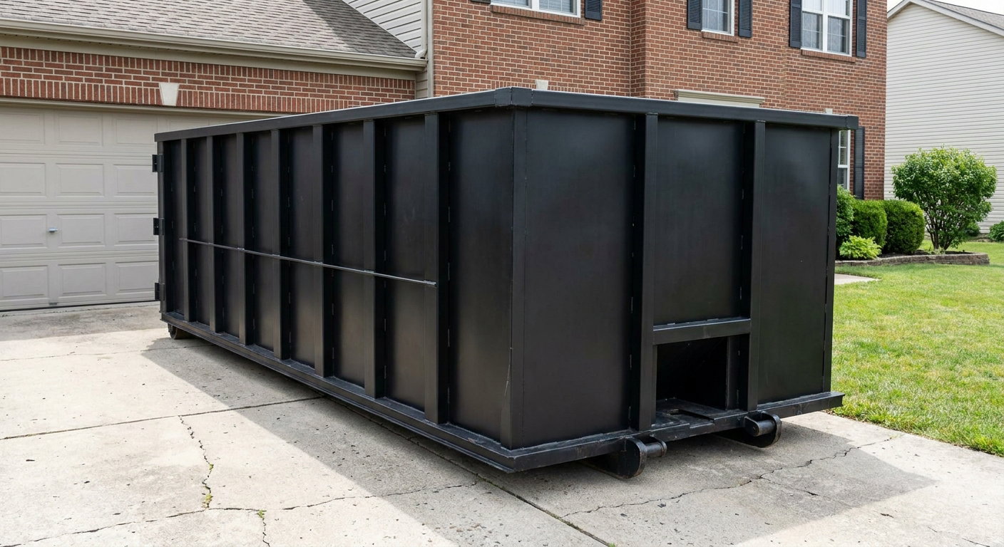 Matte-black 20-yard roll-off container on a Thousand Oaks residential concrete driveway with reinforced ribbed steel sidewalls and a hinged rear walk-in door, clean bright daylight.