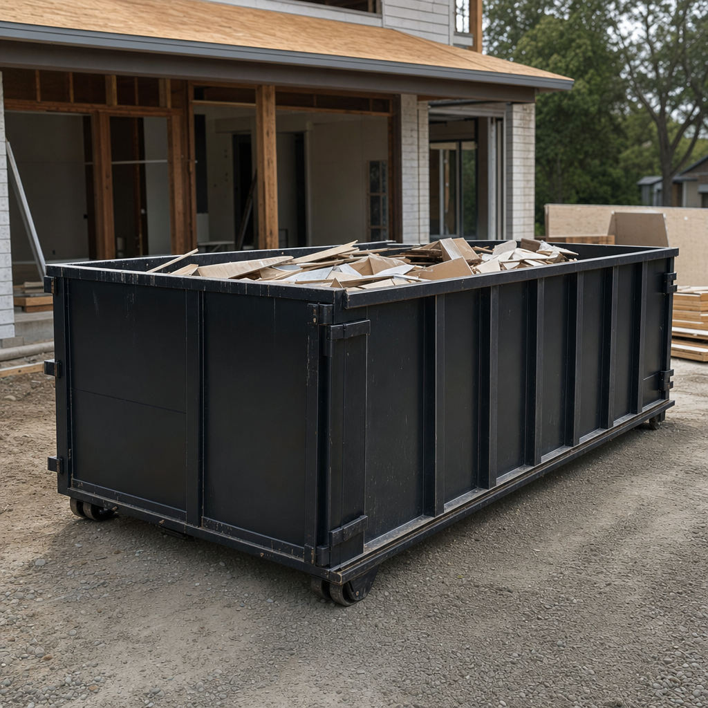 Large matte-black 30-yard construction roll-off dumpster at an active Thousand Oaks jobsite, steel-gray top rails and bottom rollers visible, loaded with construction debris.