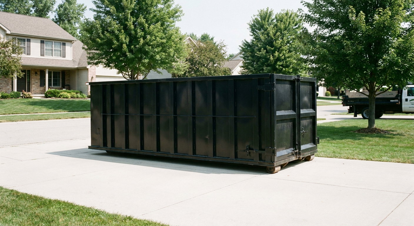 Matte-black 20-yard roll-off dumpster sitting level on a clean Thousand Oaks residential concrete driveway under bright daylight, demonstrating clean placement directly on the concrete.