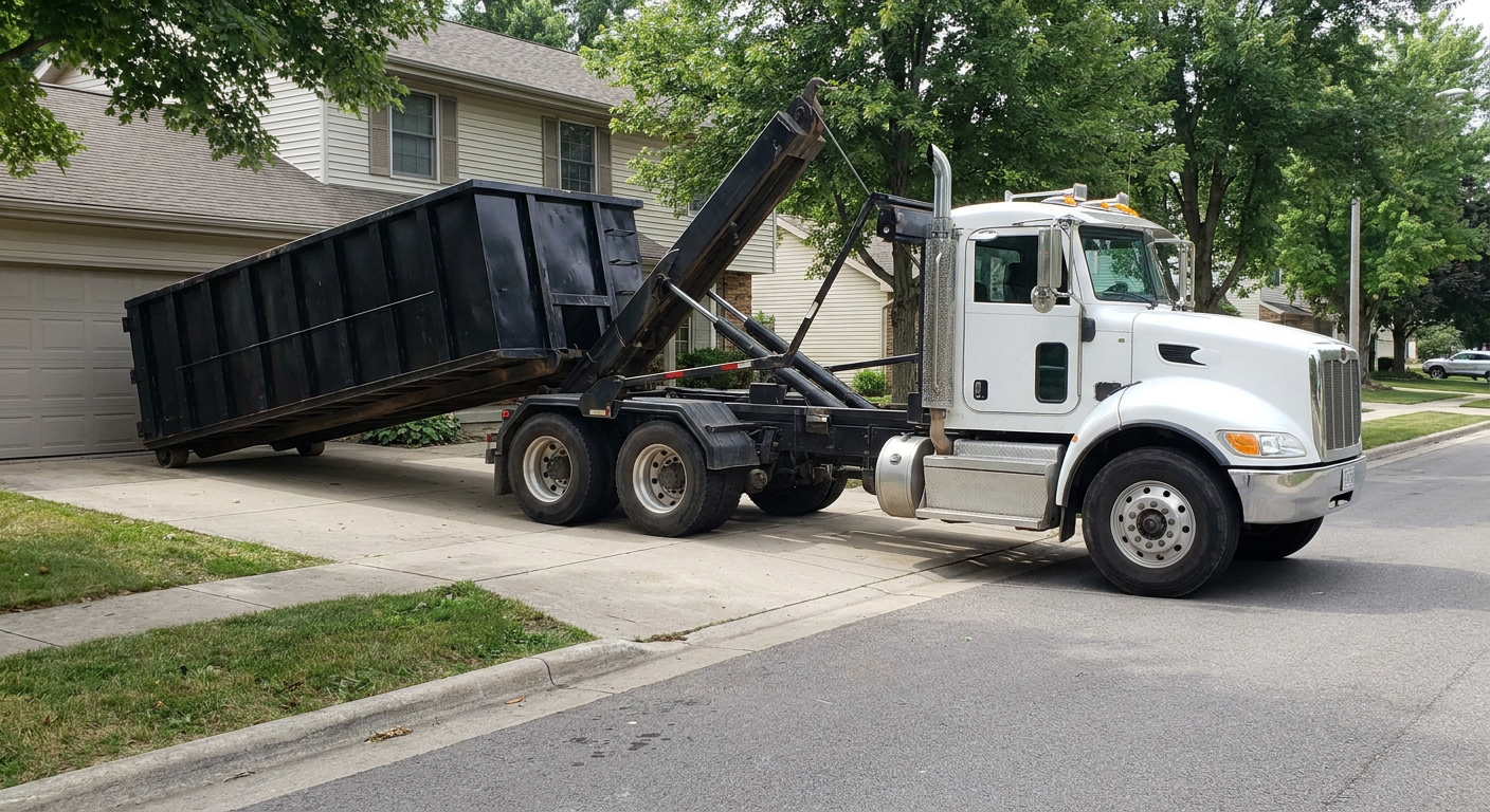 White-cab hooklift roll-off truck actively lowering a matte-black dumpster onto a Thousand Oaks residential concrete driveway, the dumpster's rear wheels touching the driveway as the hoist arm tilts the bed forward, mid-morning daylight.