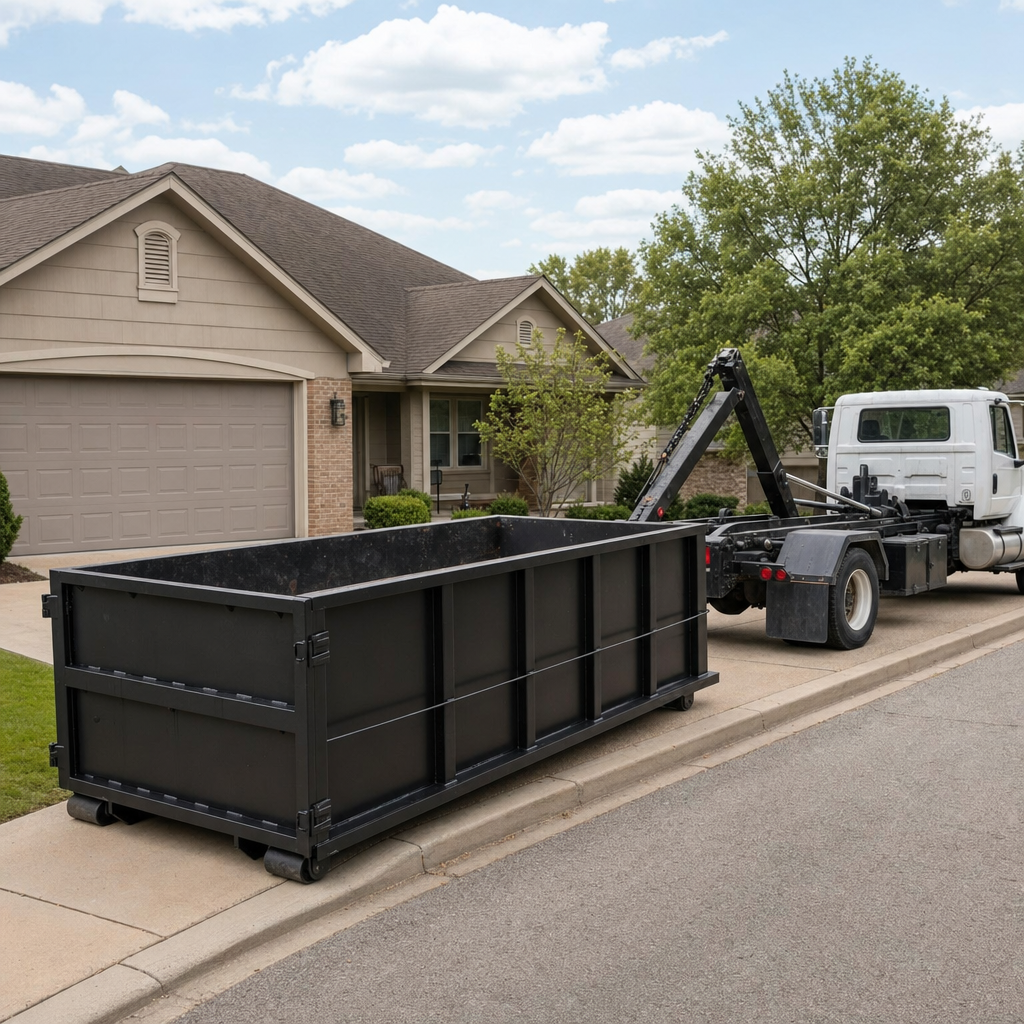 Wide documentary shot of a matte-black roll-off dumpster on a Thousand Oaks residential driveway in the foreground and a contractor jobsite container in the soft-focus background, bright daylight, calm and orderly composition.
