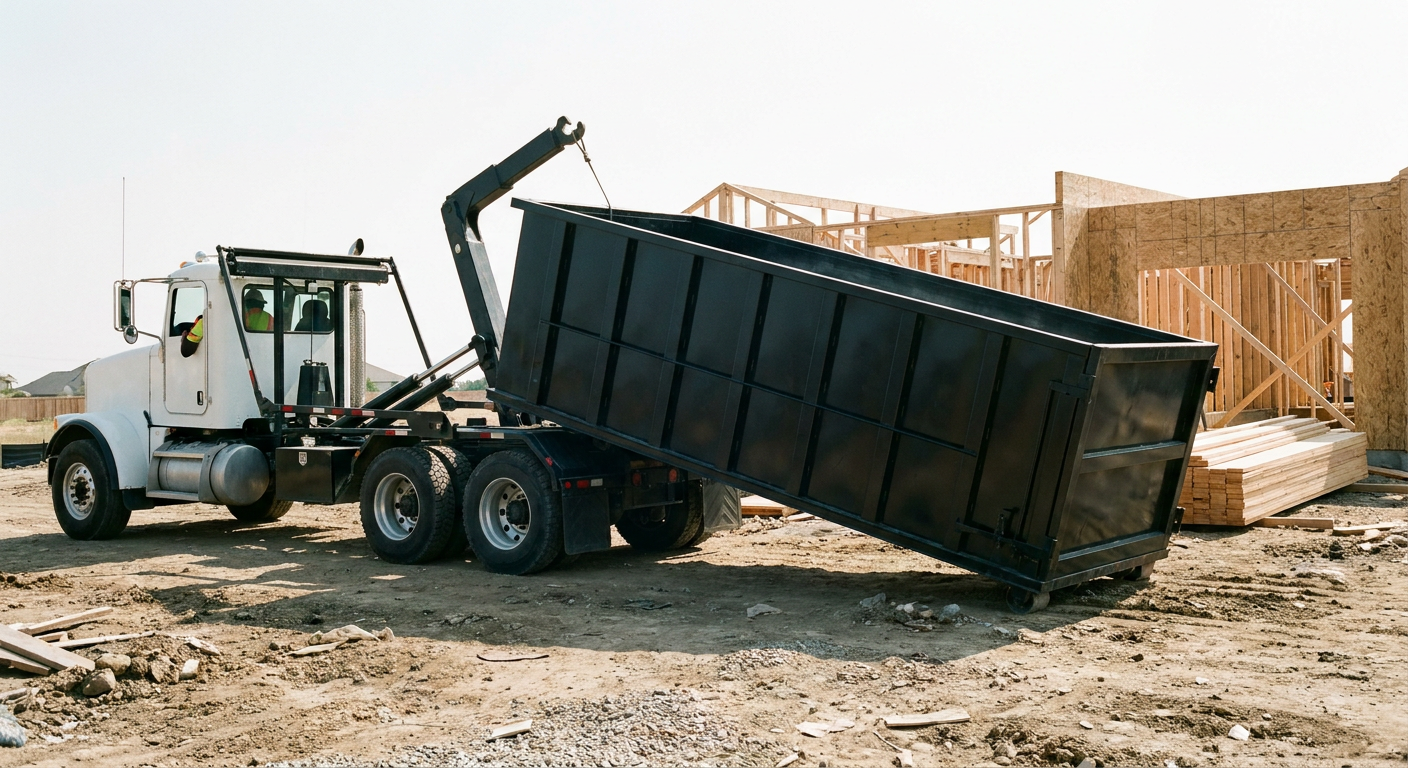 Matte-black roll-off dumpster being delivered onto a clean residential concrete driveway in Thousand Oaks by an unmarked white hooklift hauler truck, bright morning daylight, documentary 35mm perspective.