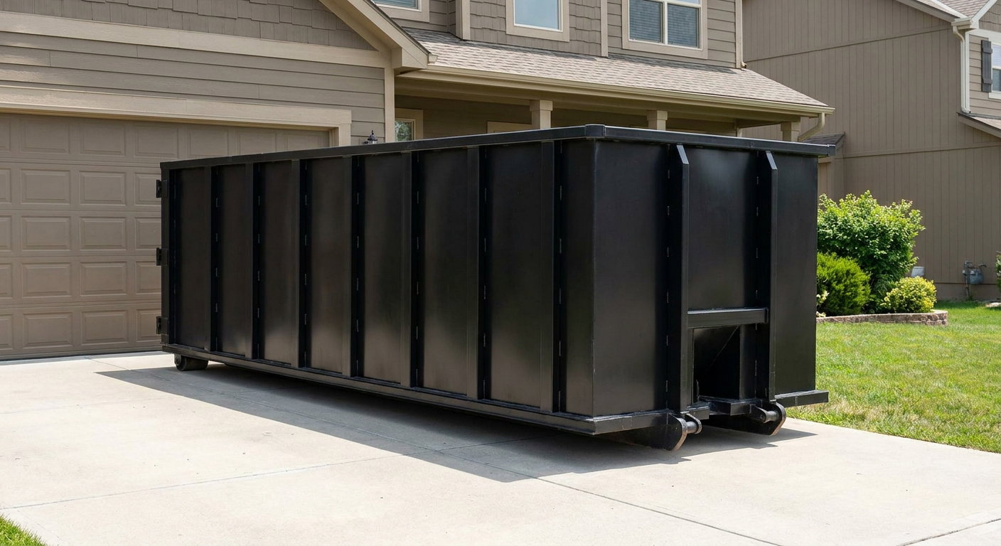 Matte-black residential roll-off dumpster sitting directly on a suburban Thousand Oaks concrete driveway, garage door closed, single-family home in background, bright morning daylight.