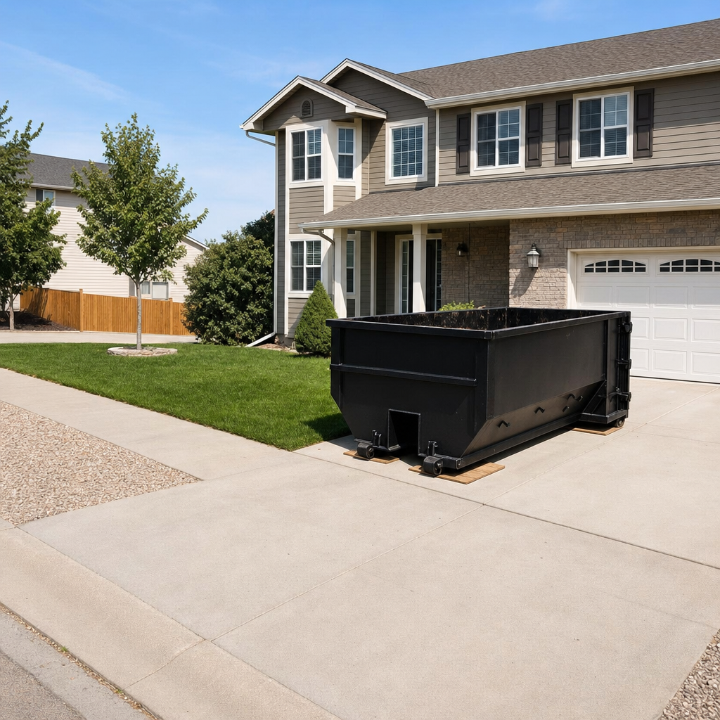 10-yard matte-black residential dumpster placed directly on a narrow Thousand Oaks concrete driveway, room remains for a parked sedan beside it, mid-morning natural light