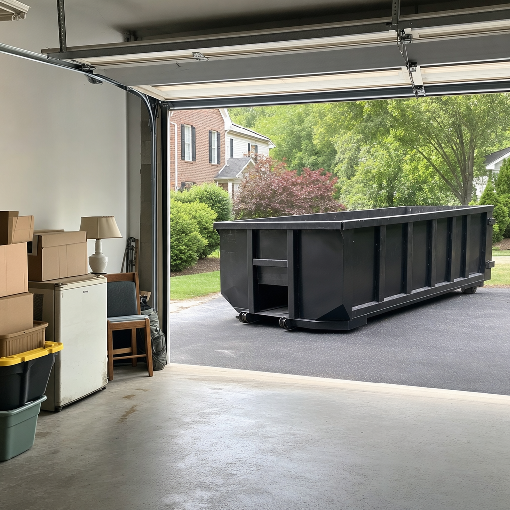 Open garage interior in a Thousand Oaks home mid-cleanout — boxed items, an old appliance, and stacked yard tools queued near the driveway for a matte-black roll-off dumpster, organized and calm