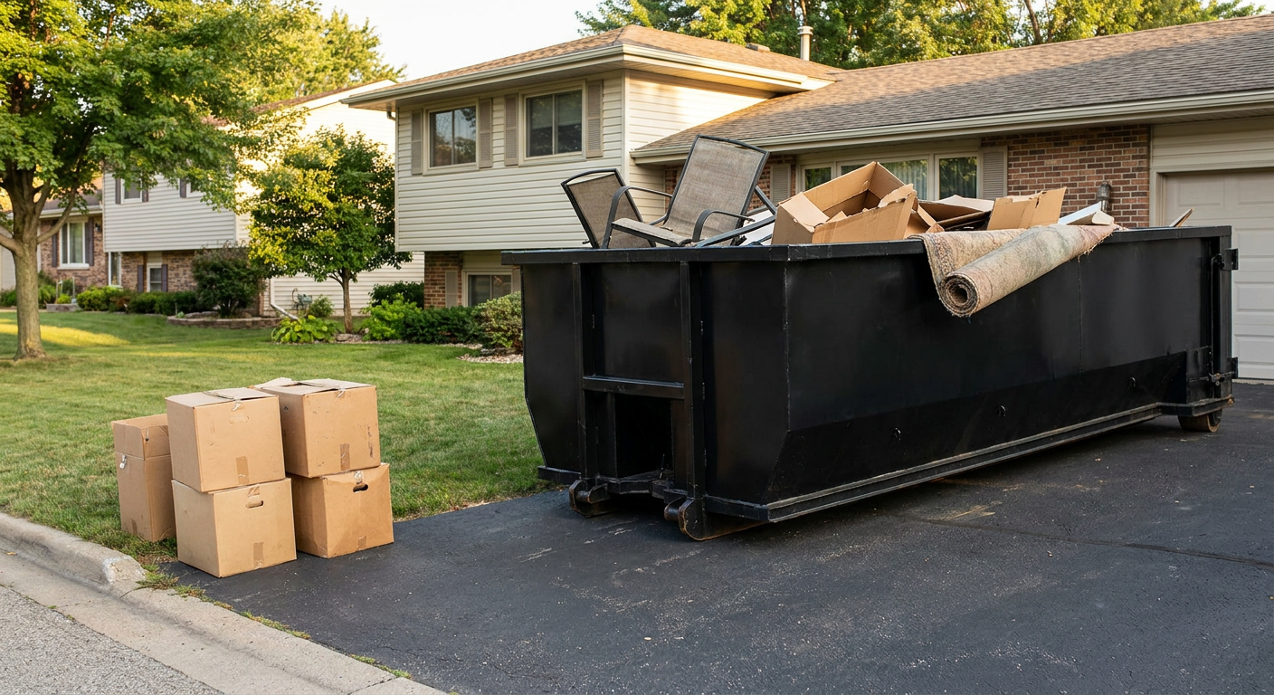 Front-yard view of a Thousand Oaks split-level home with a 20-yard matte-black roll-off dumpster sitting directly on the asphalt driveway, a few clearly labeled donation boxes staged at the curb, calm sunny afternoon.