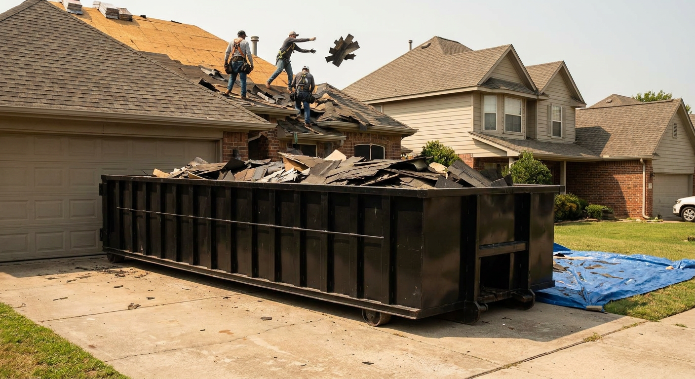 Matte-black roofing roll-off dumpster placed directly on a Thousand Oaks residential concrete driveway, a tear-off crew on a two-story asphalt-shingle roof tossing shingle bundles into the low-walled container, bright daylight, documentary 35mm perspective.
