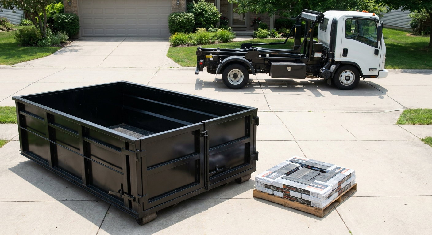 Matte-black 15-yard roofing roll-off dumpster with reinforced low side walls sitting directly on a Thousand Oaks residential concrete driveway, three-tab asphalt shingle bundles stacked nearby, an unmarked white hauler truck partially visible at the edge of the frame.