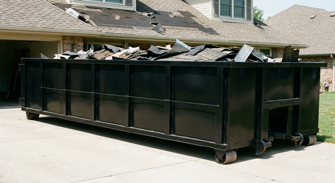 Matte-black 20-yard roofing roll-off dumpster with steel ribbed sides and swinging rear door, sitting directly on the concrete driveway of a two-story Thousand Oaks home, asphalt shingle debris being loaded over the low wall, clean documentary lighting.