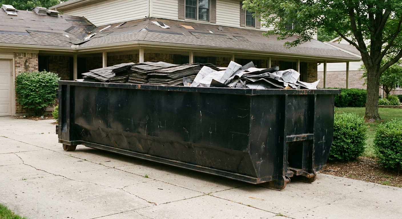 Matte-black 30-yard roofing roll-off dumpster sitting directly on a Thousand Oaks concrete driveway, taller ribbed steel side panels, mixed tear-off debris of asphalt shingles and underlayment inside, professional documentary daylight.