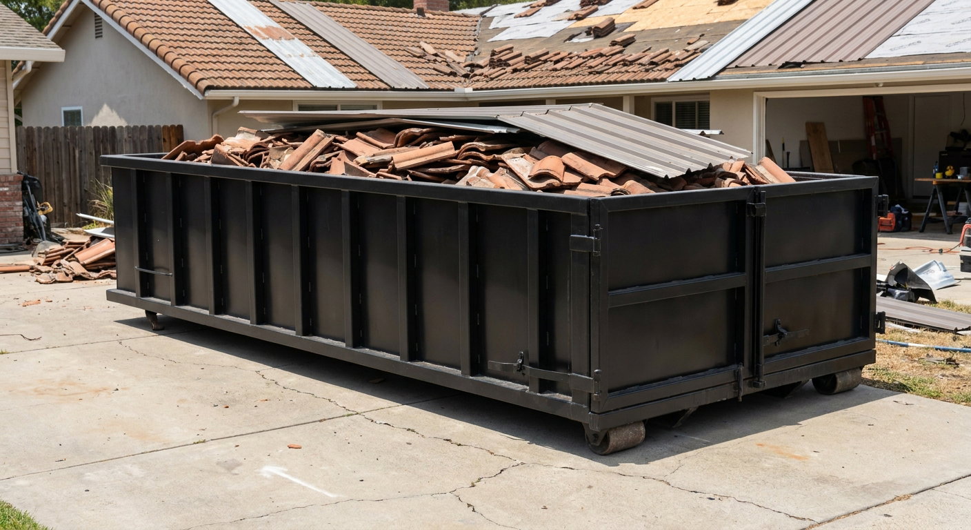 Matte-black low-wall heavy-debris roofing roll-off dumpster sitting directly on a Thousand Oaks concrete driveway, broken concrete clay roof tiles and metal panel sections loaded inside, reinforced ribbed steel side walls visible, bright outdoor daylight.