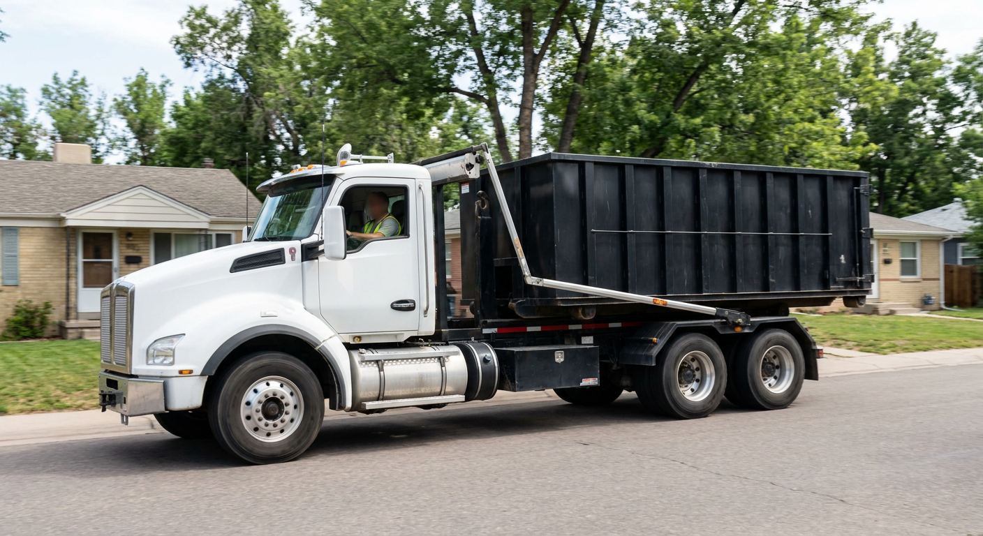 A wide documentary shot of a matte-black roll-off delivery truck pulling onto a quiet Thousand Oaks residential street at mid-morning, with neighborhood rooftops and tree-lined blocks visible behind, showing the metro coverage footprint.