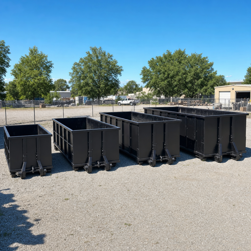 A clean lineup of matte-black roll-off dumpsters in 10, 20, 30, and 40-yard sizes staged on a sunlit gravel yard in Thousand Oaks, showing the size progression from compact to commercial-scale containers.