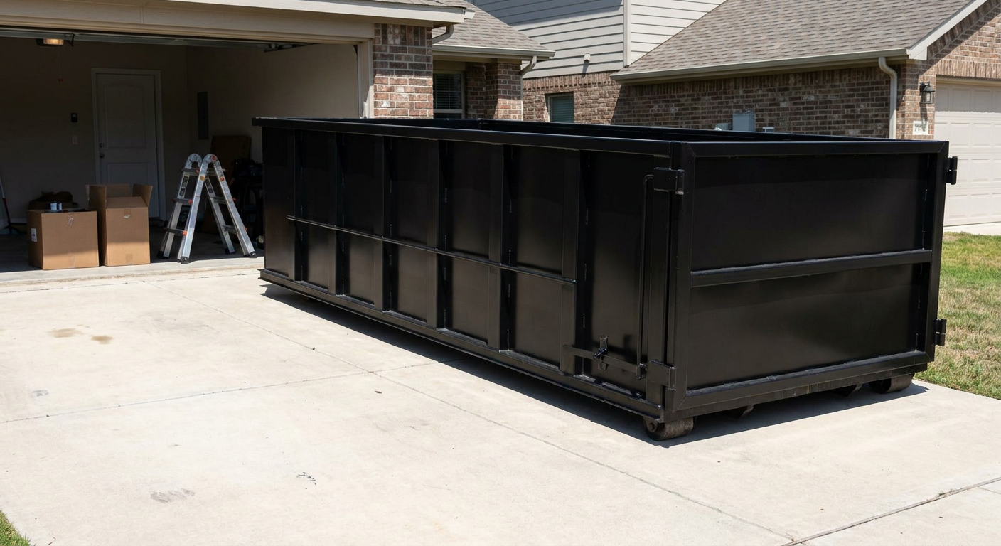 A matte-black 10-yard roll-off dumpster sitting directly on a residential Thousand Oaks concrete driveway, mid-day sunlight, clean and ready for a garage cleanout.