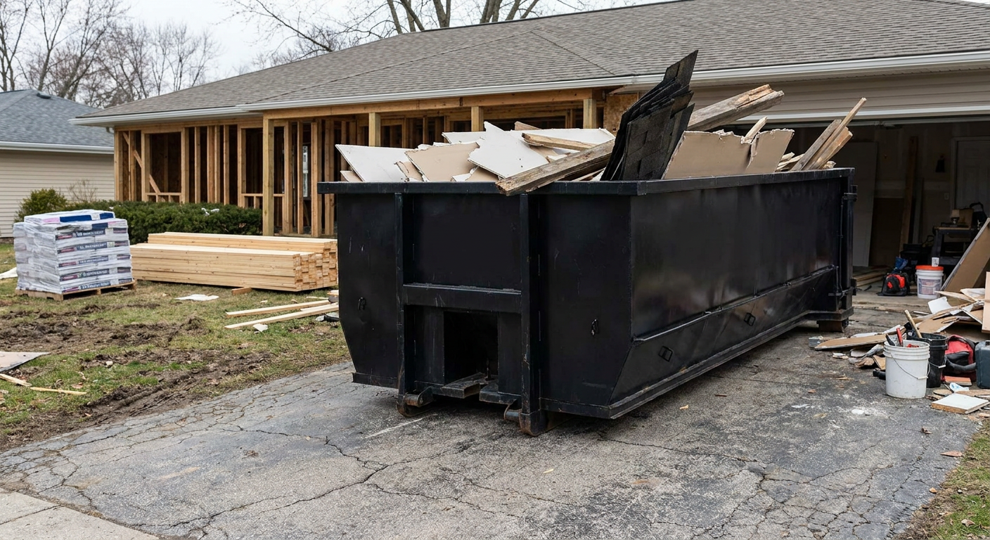 A matte-black 20-yard roll-off dumpster placed alongside a mid-renovation Thousand Oaks home directly on the asphalt driveway, with framing materials and torn-off shingles staged neatly nearby.