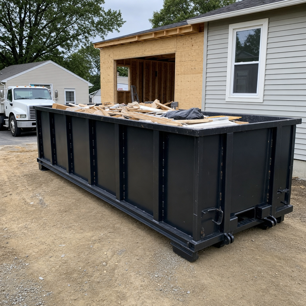 A matte-black 30-yard roll-off dumpster positioned at a Thousand Oaks residential addition jobsite, with framing lumber and drywall scraps loaded through the open swinging rear doors.