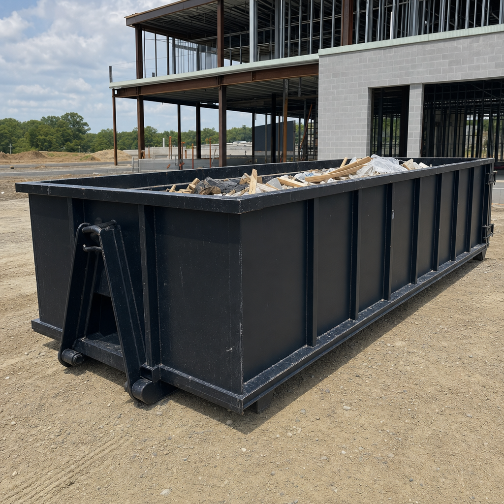 A matte-black 40-yard roll-off dumpster staged on a large Thousand Oaks commercial construction lot, with a hooklift delivery truck parked alongside under bright midday sky.