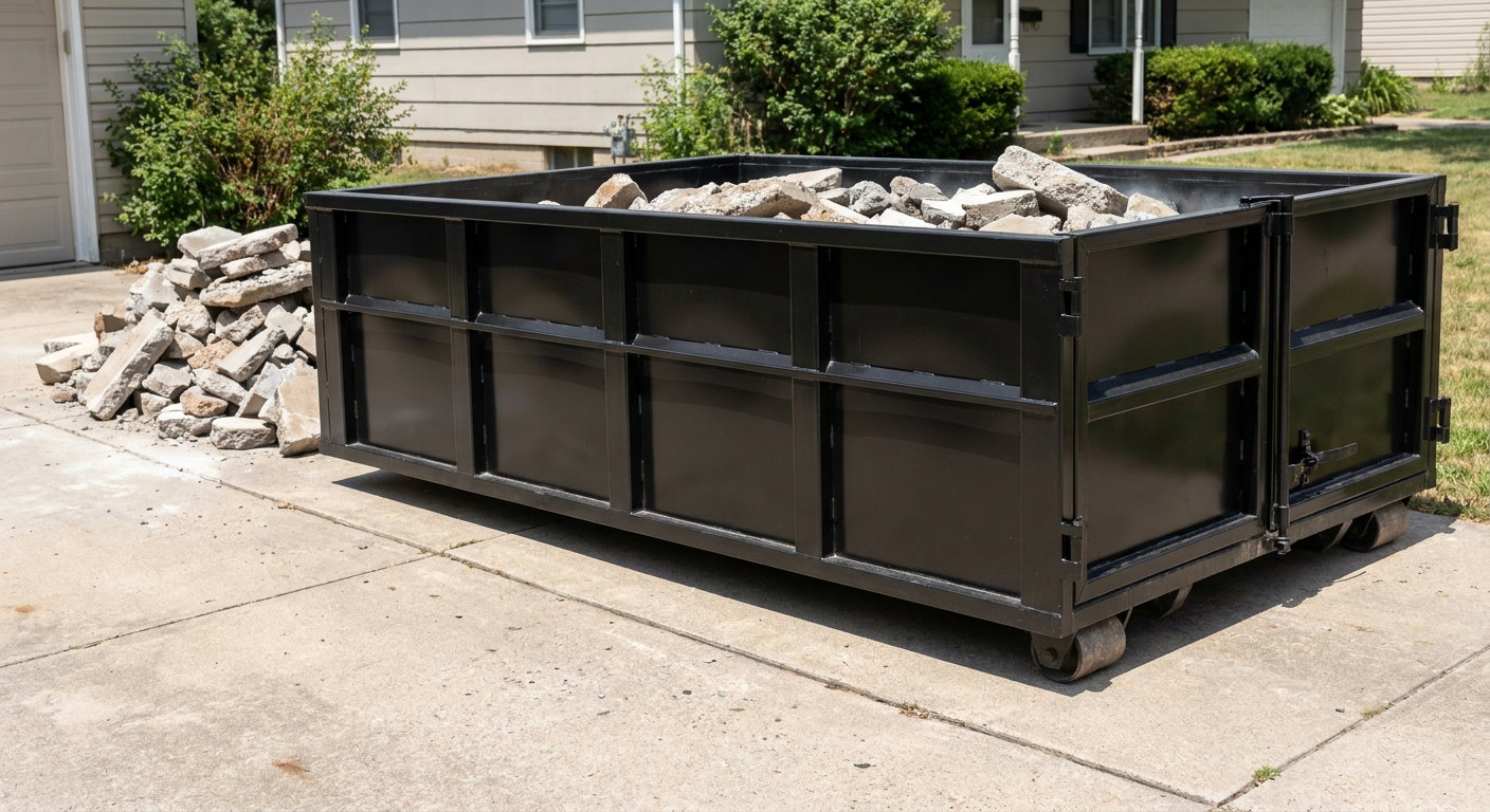 A matte-black low-side heavy-debris roll-off dumpster placed directly on a Thousand Oaks concrete driveway, with broken concrete chunks neatly stacked beside it under clean daylight.